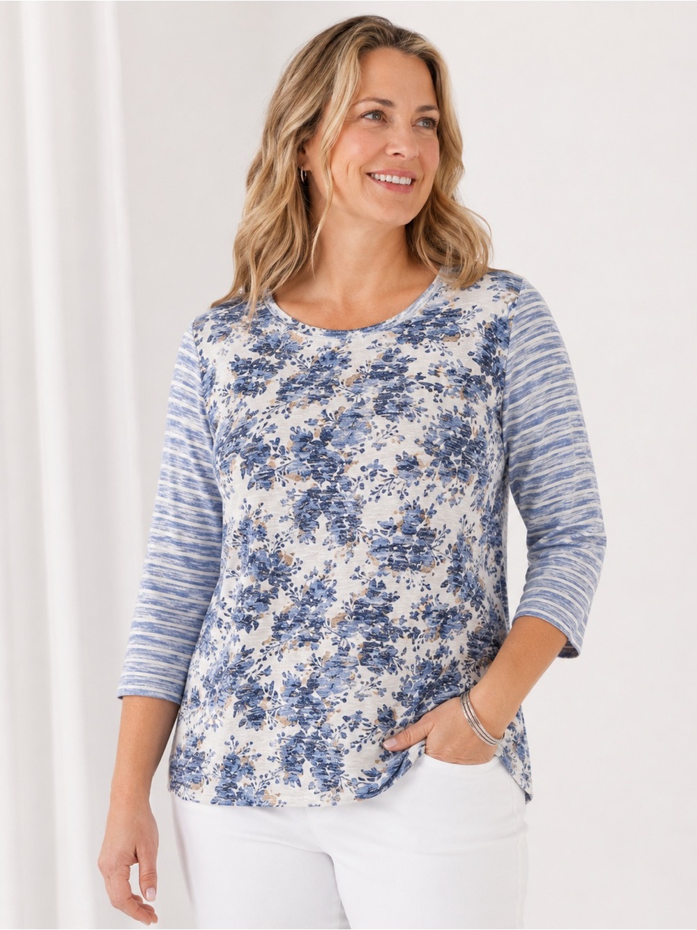 Tribal Jeans Blue Floral Print 3/4 Sleeve Knit Top XL Soft Stretch